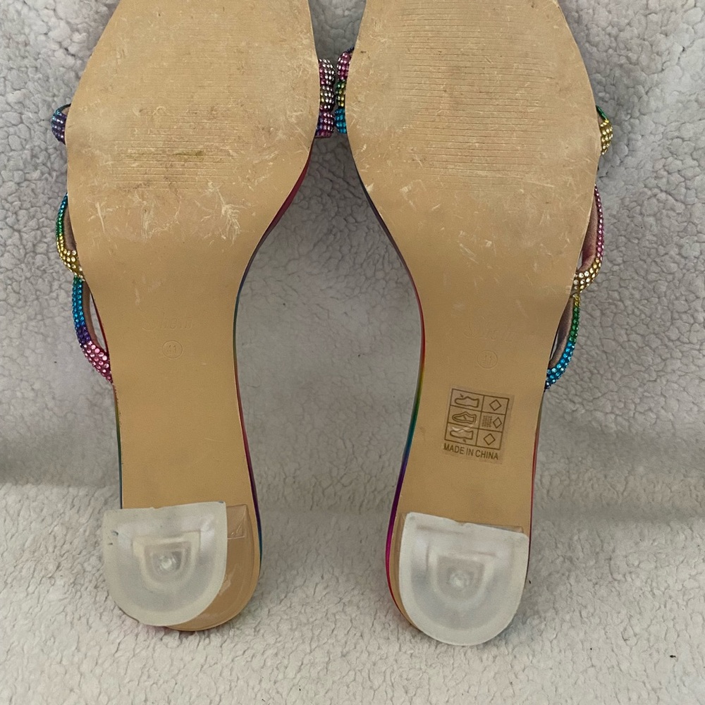 Colorblock Rhinestone Decor Pyramid Heeled Mules Size 10 - Picture 10 of 12